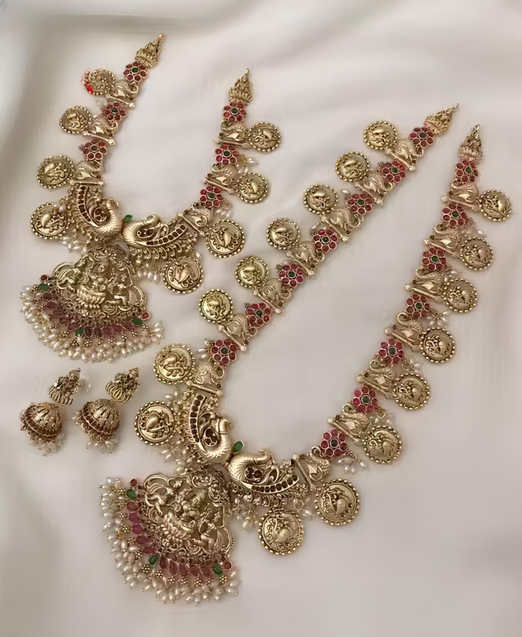 Jewel City Antique Gold Temple Jewelry Set for Women | Lakshmi Coin Haram & Choker with Jhumka Earrings | Bridal South Indian Jewellery | Grab2Buy