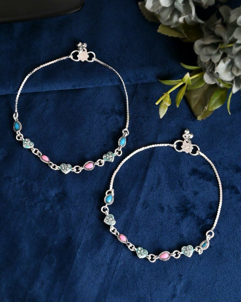 VOJ Set of 2 Silver Plated Heart Shaped Meenakari Anklet 