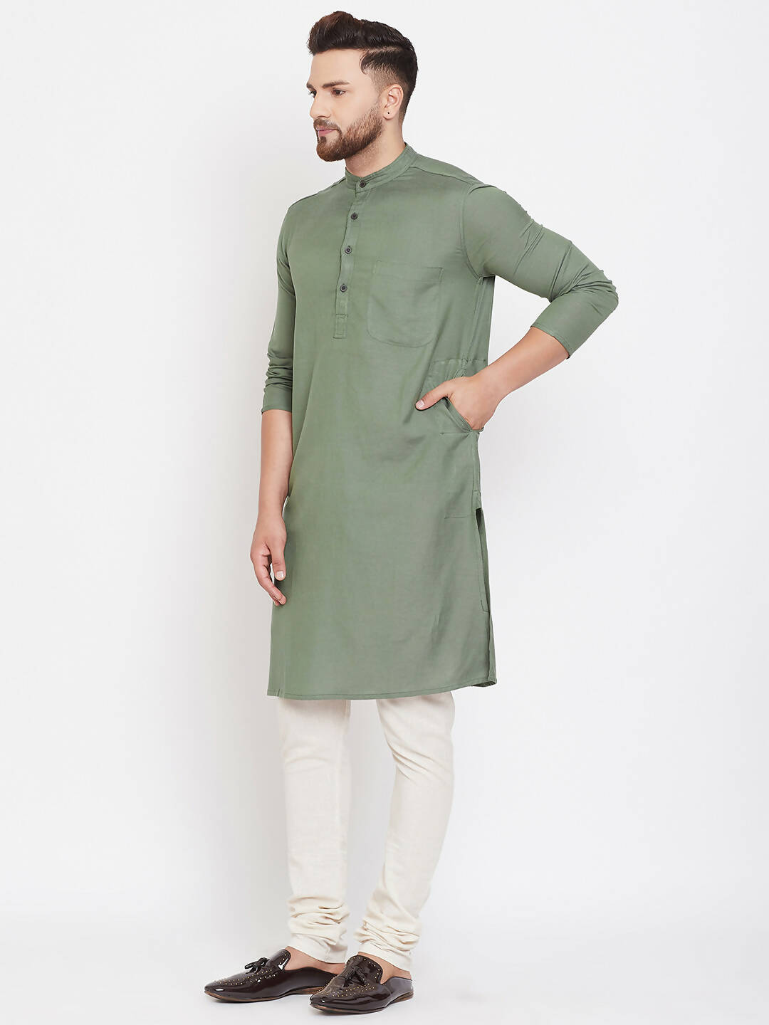 Even Apparels Green Color Linen Linen Men's Kurta With Band Collar 