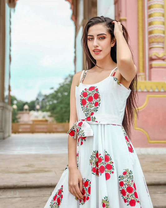 Designer Partywear Printed White Pure Maslin Gown - Anbazaar - Grab2buy
