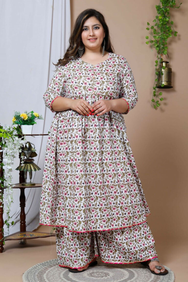 Miravan Women's Cotton Floral Print Anarkali Kurta Sharara
