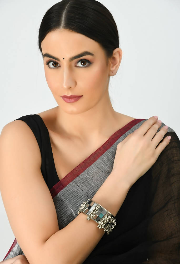 Mominos Fashion Kamal Johar Mirror Oxidised Silver Bangles Set 
