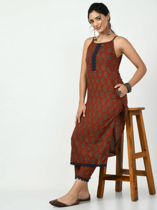 Myshka Women's Rust Printed Kurta With Trouser