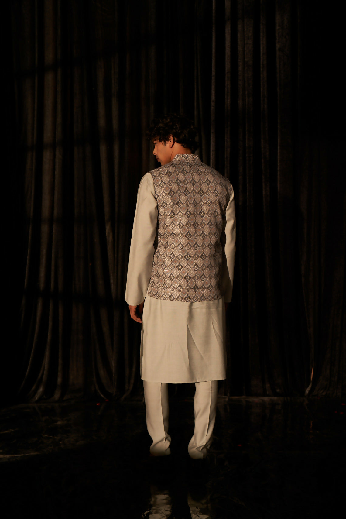 Grey Viscose Designer Printed Men's Kurta Set with Koti - Mahotsav