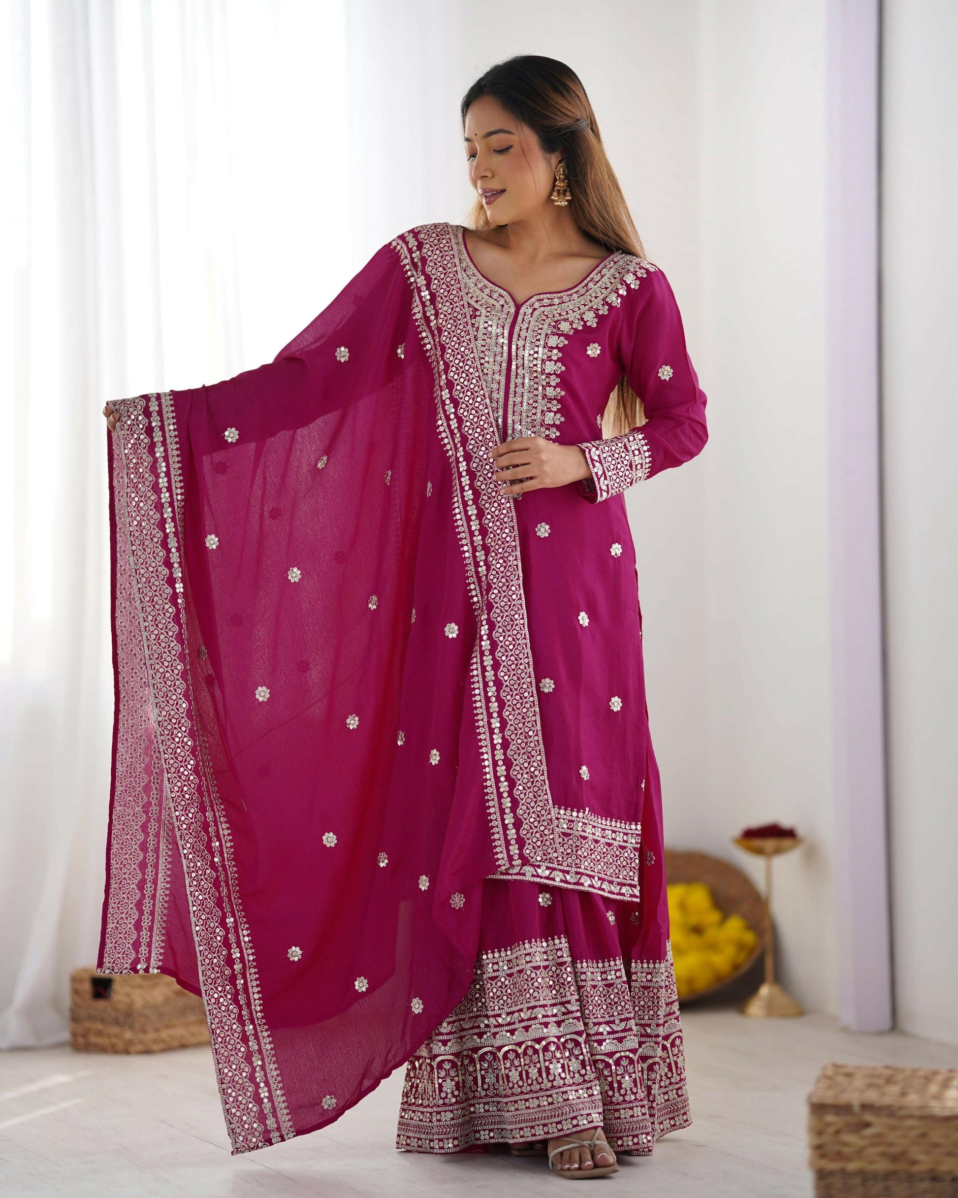 Teeya Creation Pink Color Chinon Silk Heavy Embroidery Work Fully Stitched Salwar Suit