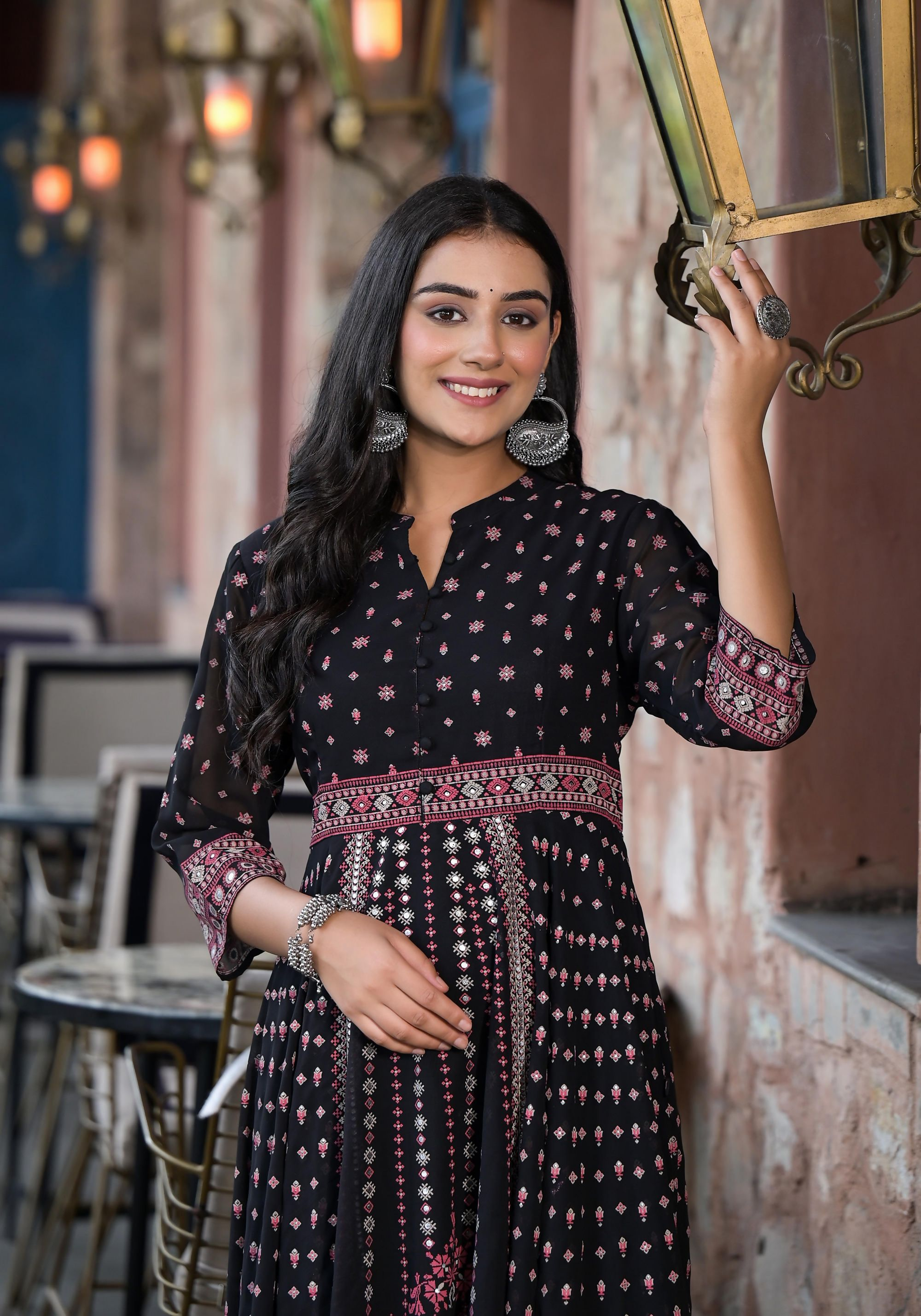 Juniper Women's Black Ethnic Motif Printed Georgette A-line Dress With Mirror Work & Sequins