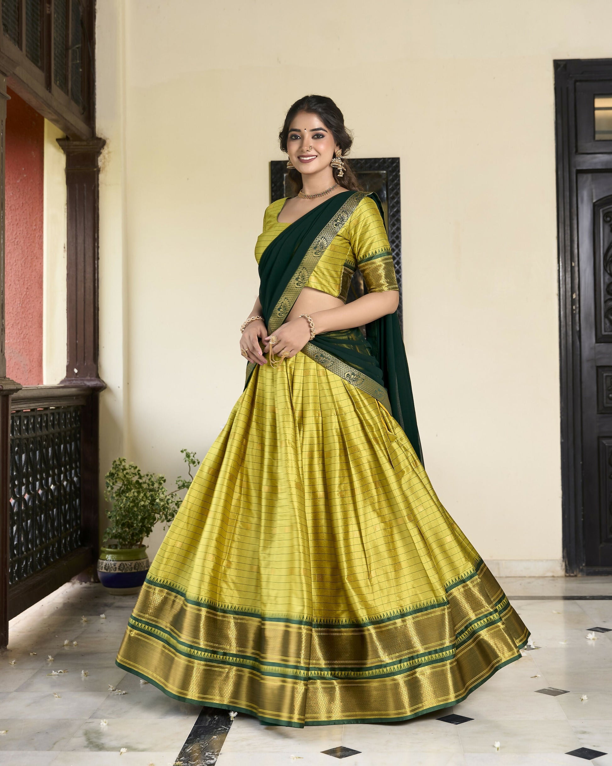 Lorenvalley Parrotgreen Cotton Silk Weaving Work With Paithani Concept Lehenga Choli 