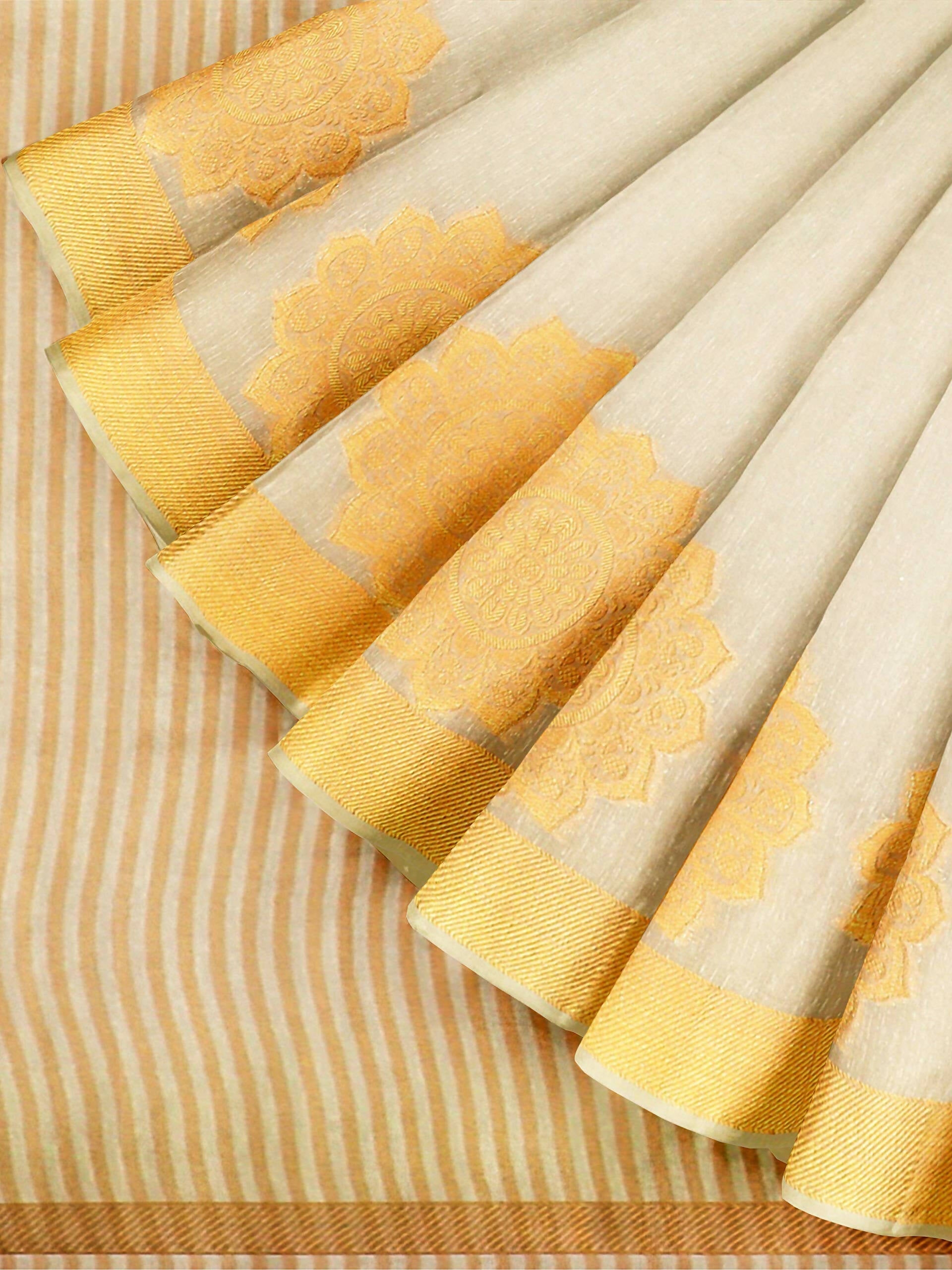 Mimosa Women's Off White Linen Blend Kasavu Saree
