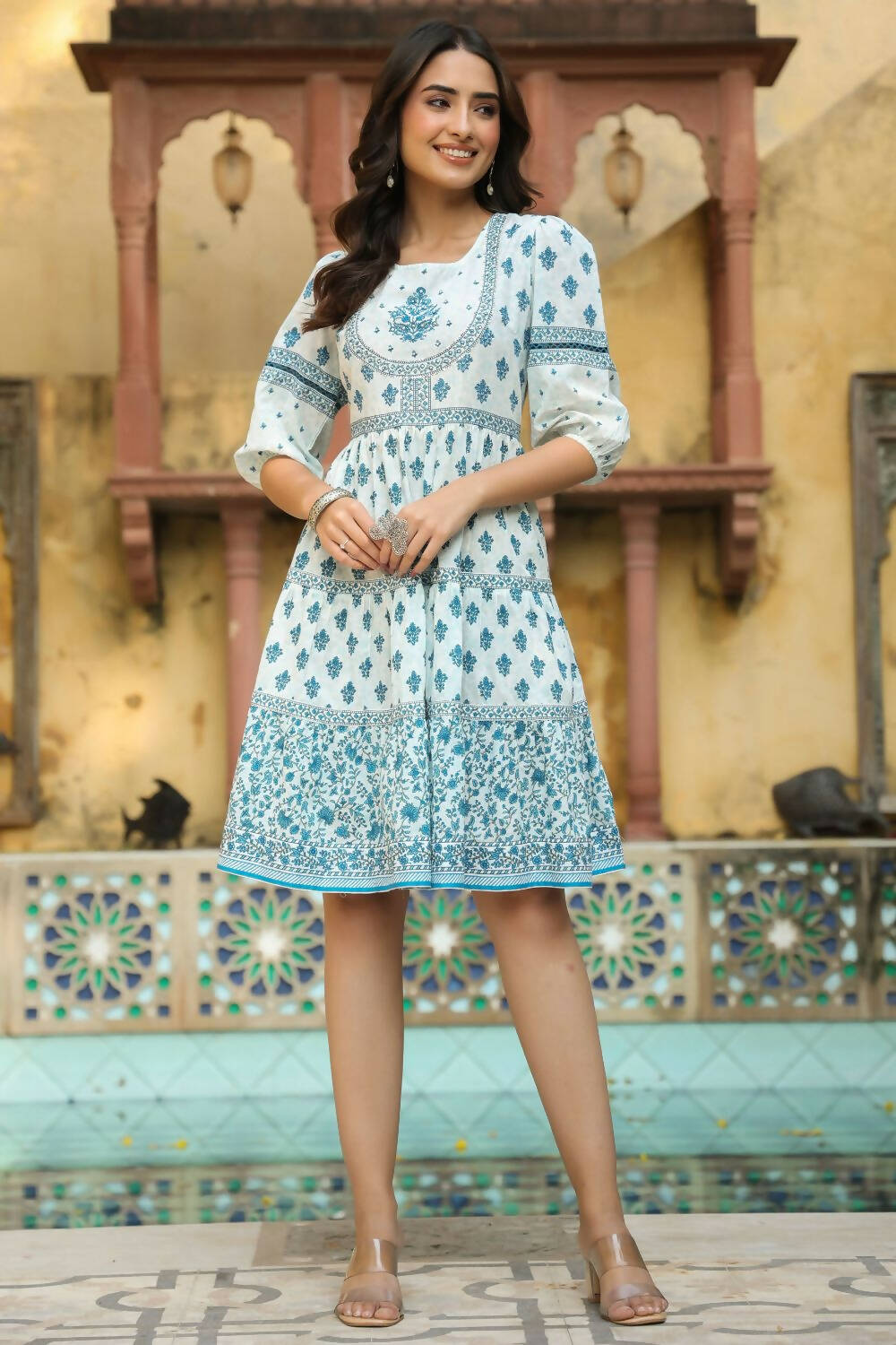 Juniper Women's Blue Cambric Printed Tiered Dress