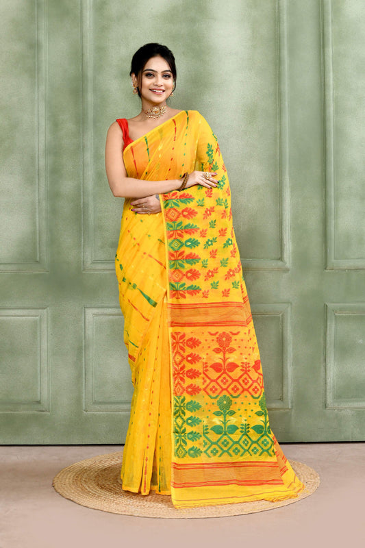 Piyari Fashion Women's Yellow Embellished Cotton Blend Jamdani Saree
