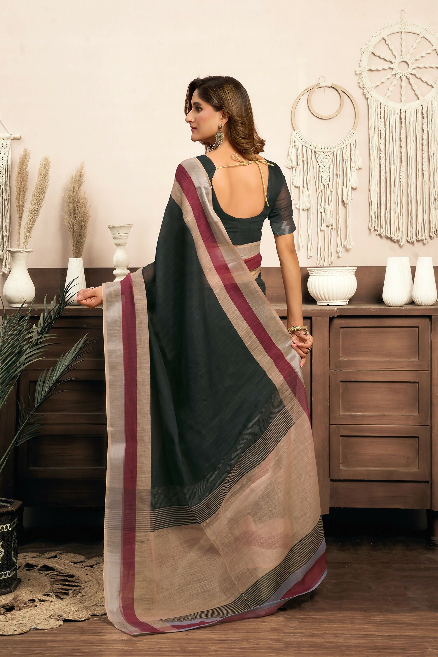 Joban Fashion  Black Solid Linen Ready To Wear Saree With Unstitched Blouse