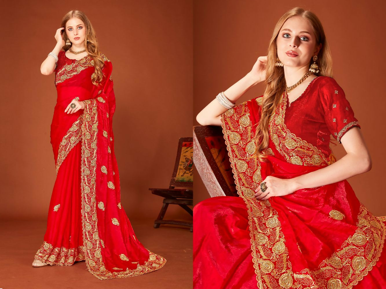 PR Fashion Red Fendi Two Tone Silk Heavy Zari Embroidery Work With Zircon Work Saree