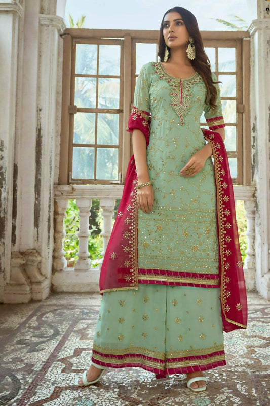 Sea Green Heavy Fox Georgette Embroidered Semi Stitched Suit - Dhvani