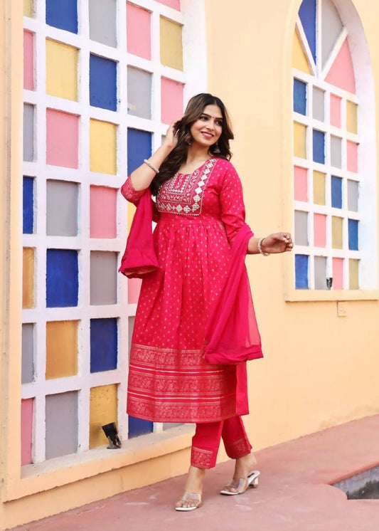 Alvano Women's A-line Naira Cut Embroidery work Print Kurti with Pant and Dupatta set Rayon (Red)