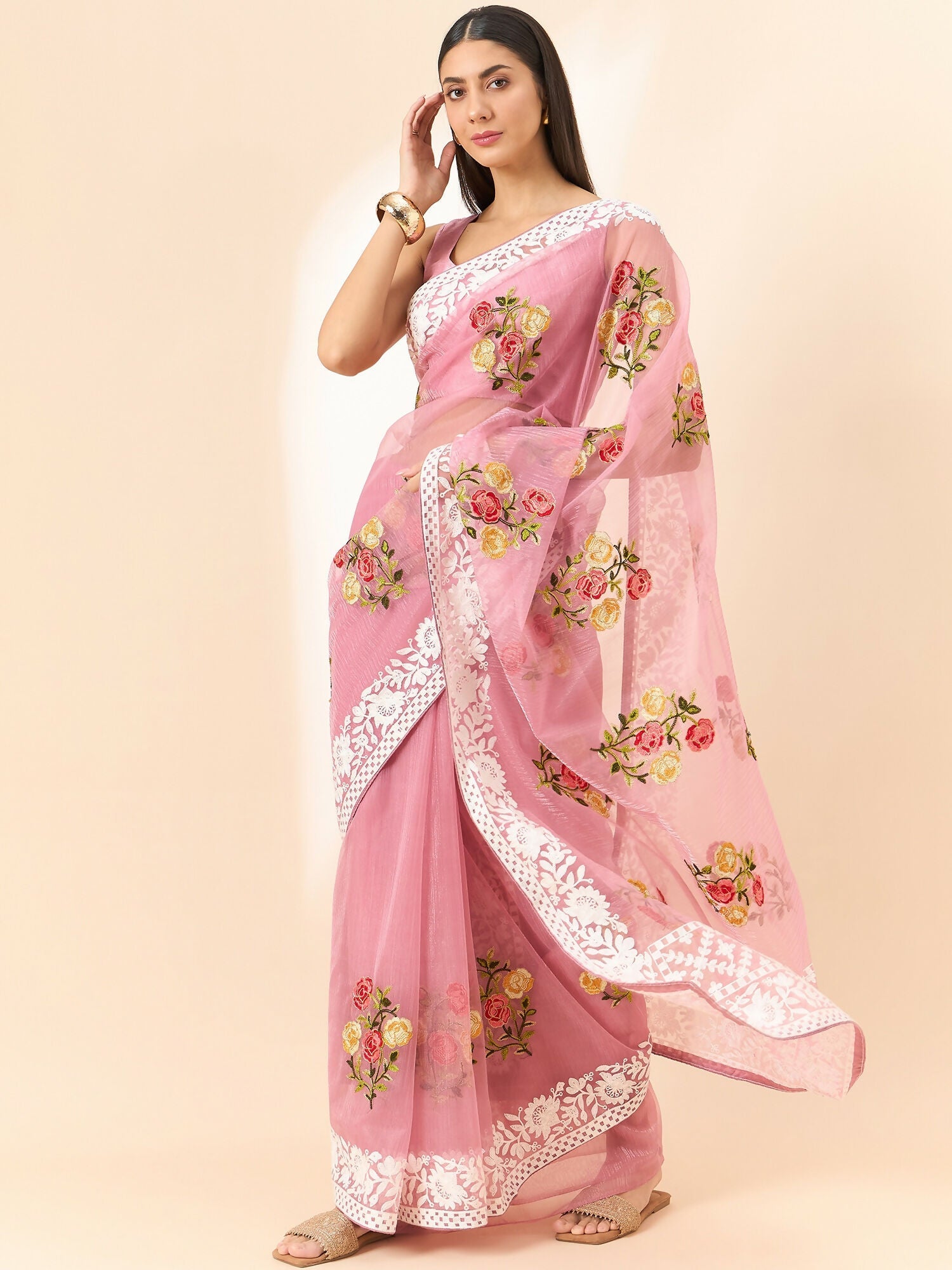 Pink Organza Floral Embroidered Saree with Unstitched Blouse Piece - Roozal