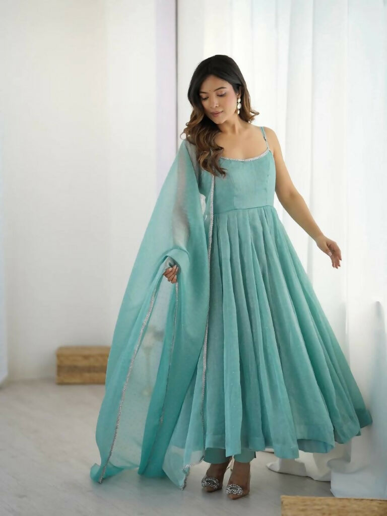 Teeya Creation Sky Color Crunchy Silk Serosky Work Party Wear Gown