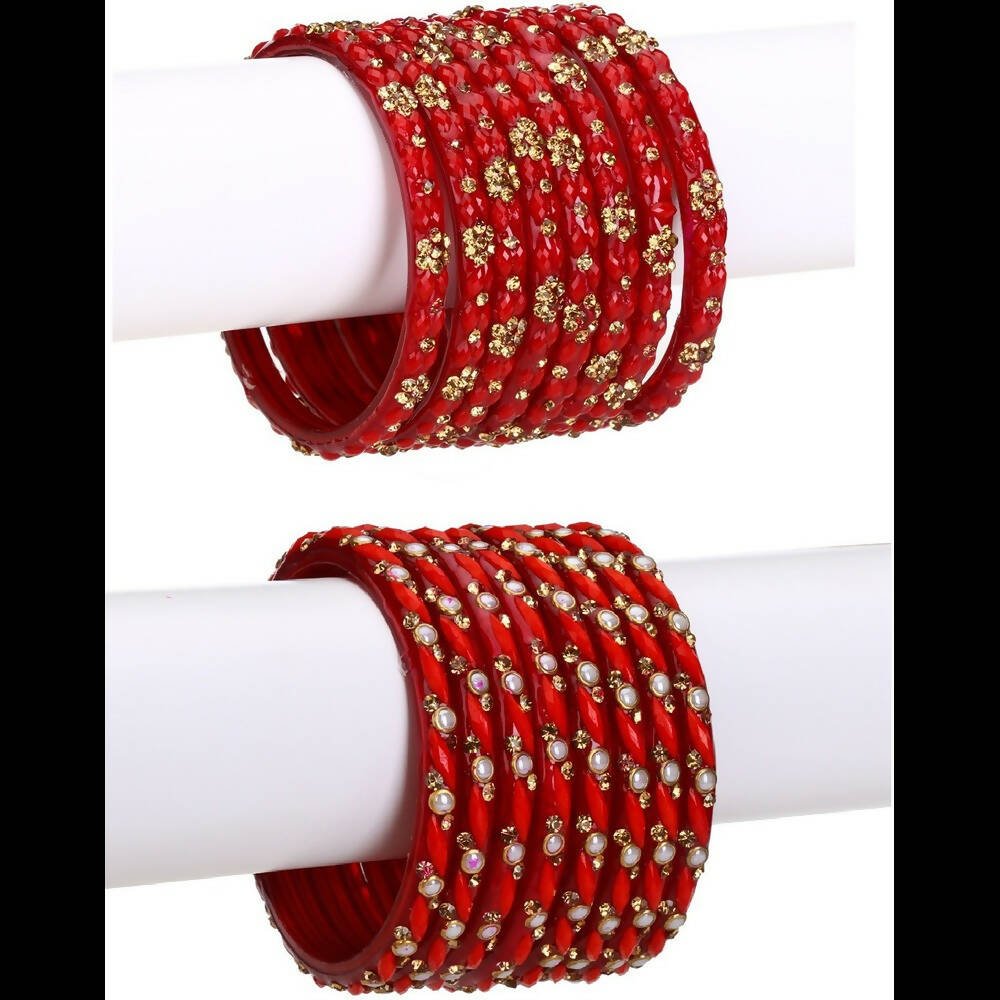 Afast Bridal Wedding & Party Fashionable Colorful Glass Bangle/Kada Set, Pack Of 16 - Red | Grab2Buy