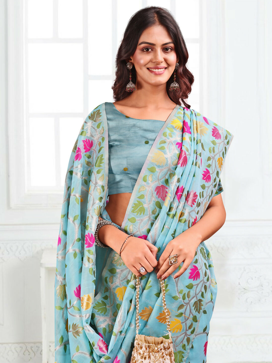 Shree Shyam Fashion Linen Cotton Sky Blue Saree