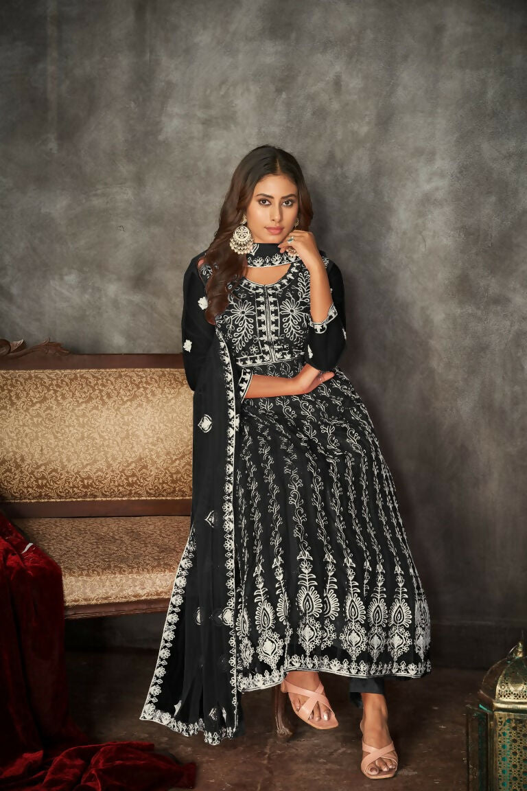 Jyoti Fashion Women's Black Net Embroidered Anarkali Kurta Pant Set With Dupatta