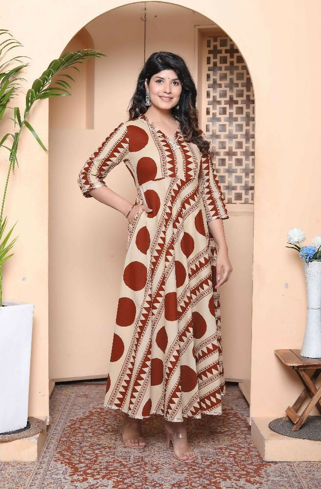 Miravan Womens Brown Printed V-Neck Anarkali Kurta