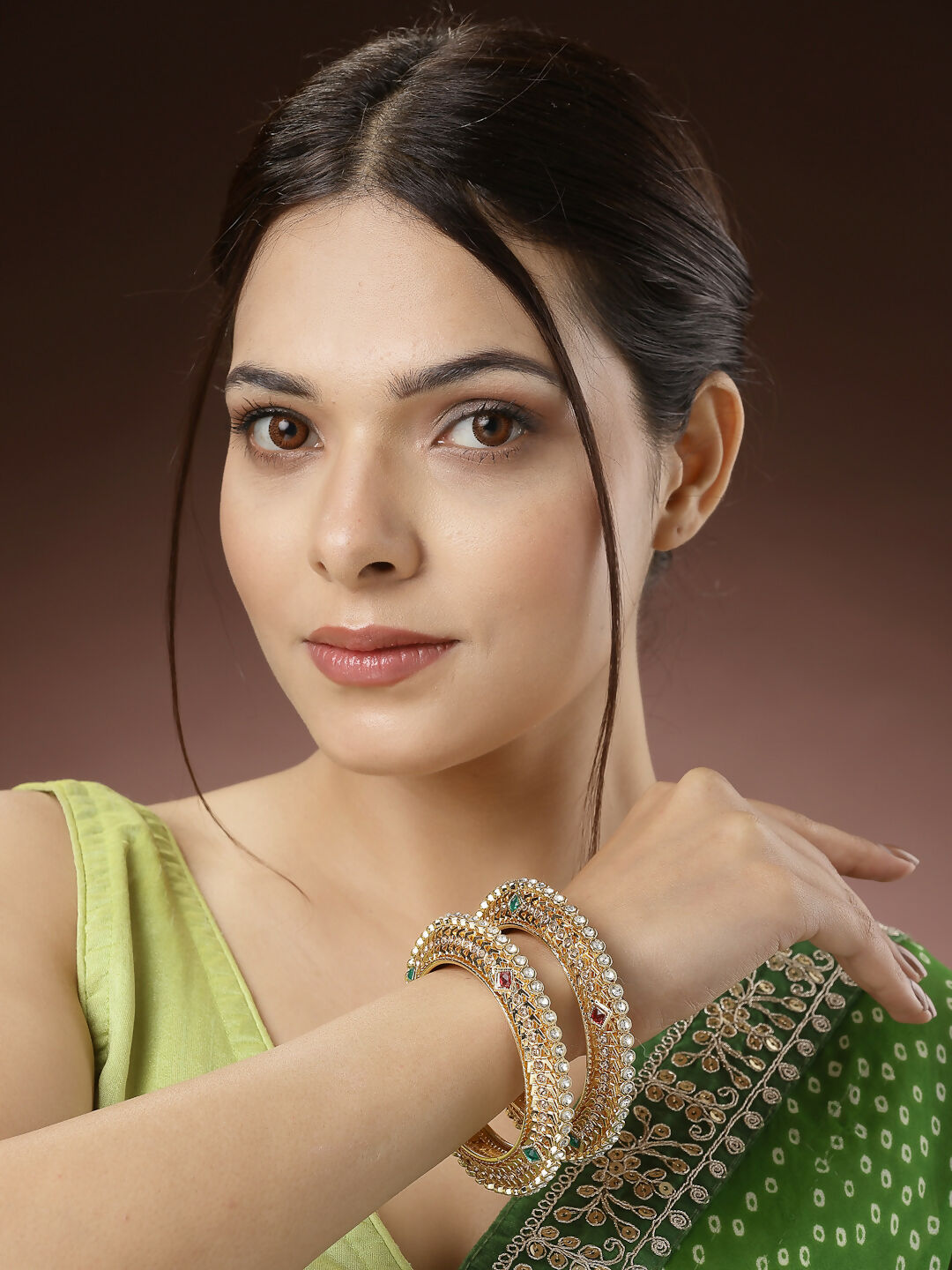 NVR Women's Set of 2 Gold-Polished Kundan Traditional Bangles 