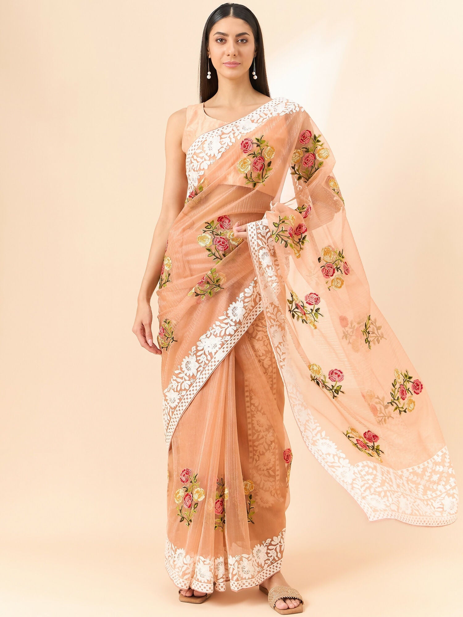 Peach Organza Floral Embroidered Saree with Unstitched Blouse Piece - Roozal