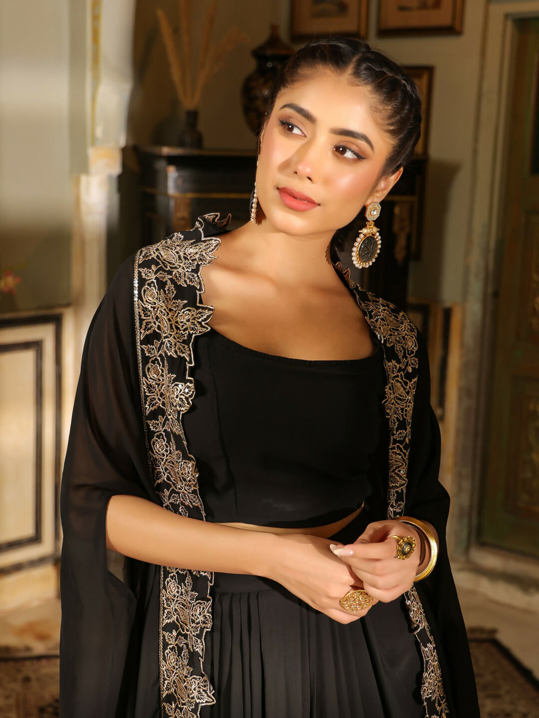 Janasya Black Georgette Solid Top Bottom Cape 