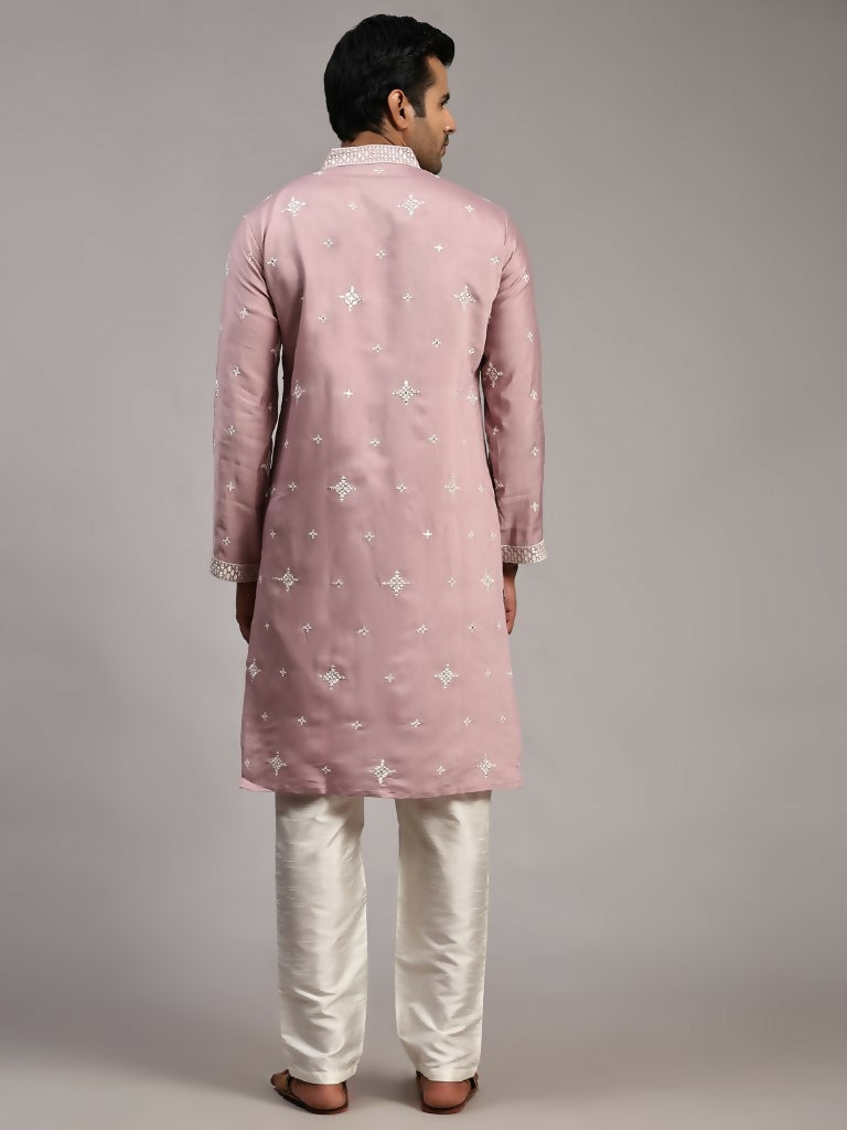 Pink Silk Designer Embroidery Work Men's Rajwadi Kurta Set - Mahotsav