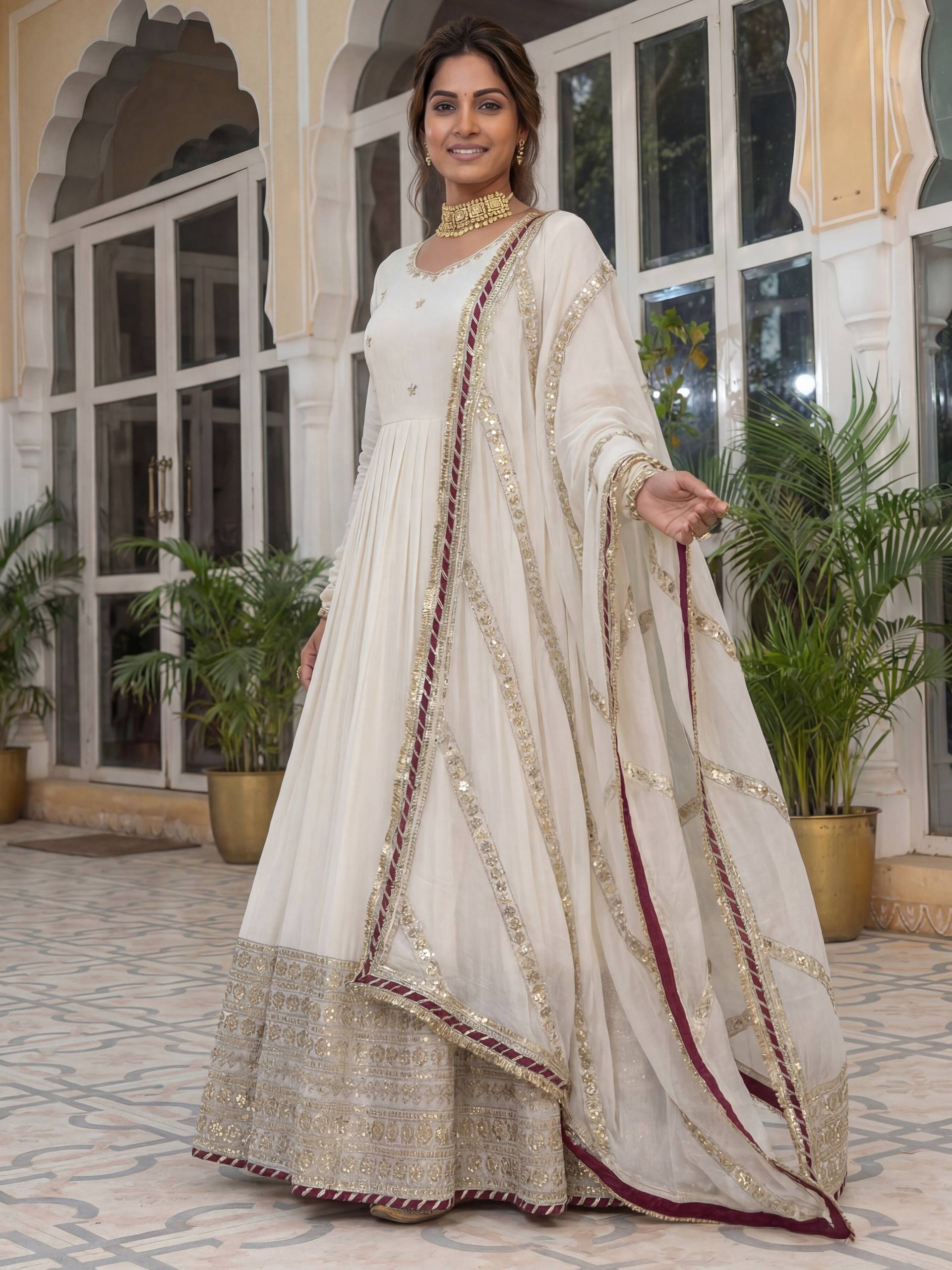 Lehenga Mart Designer Anarkali Suit Ready To Wear Kurta Pant With Dupatta For Women-White