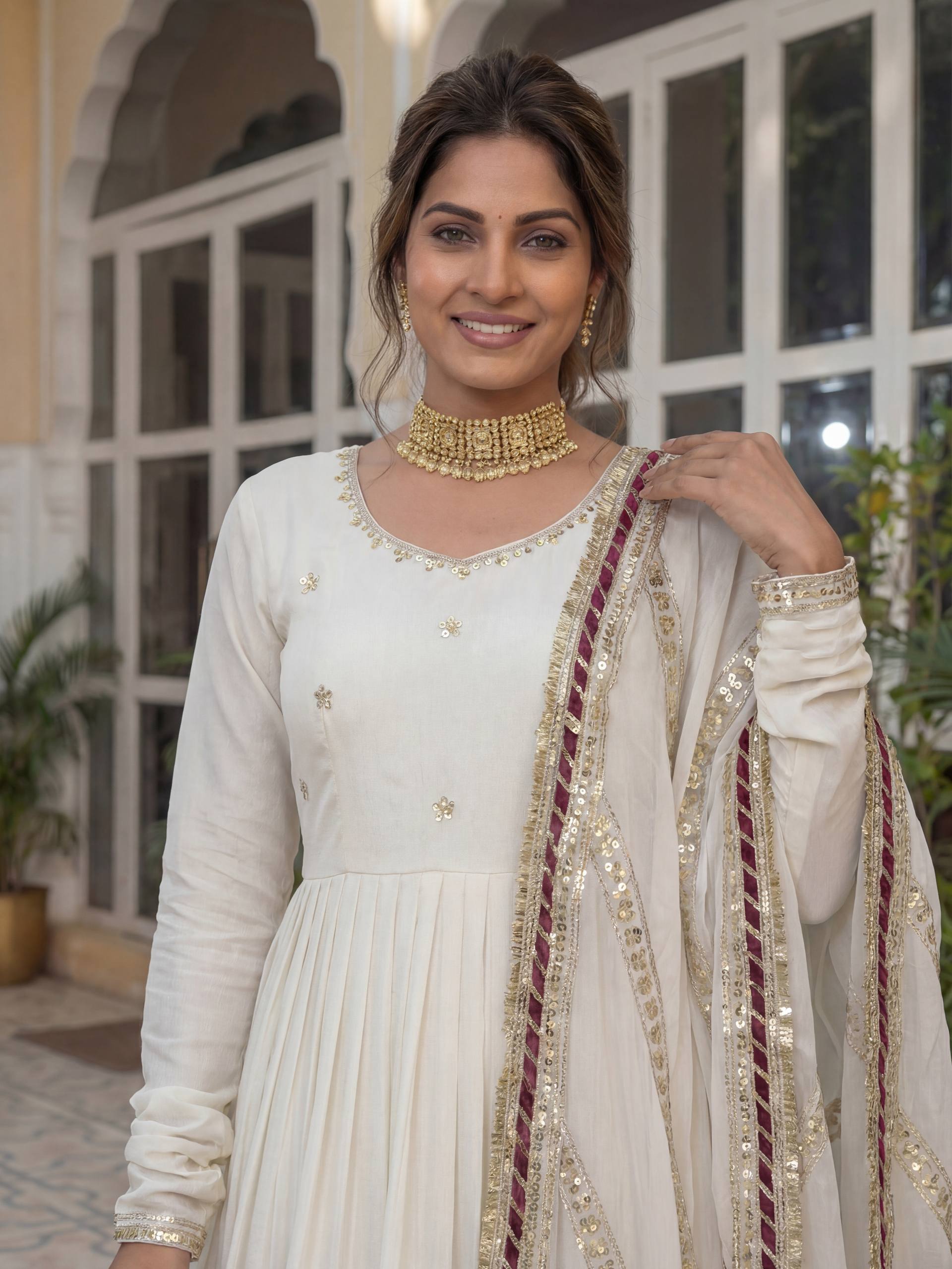 Lehenga Mart Designer Anarkali Suit Ready To Wear Kurta Pant With Dupatta For Women-White