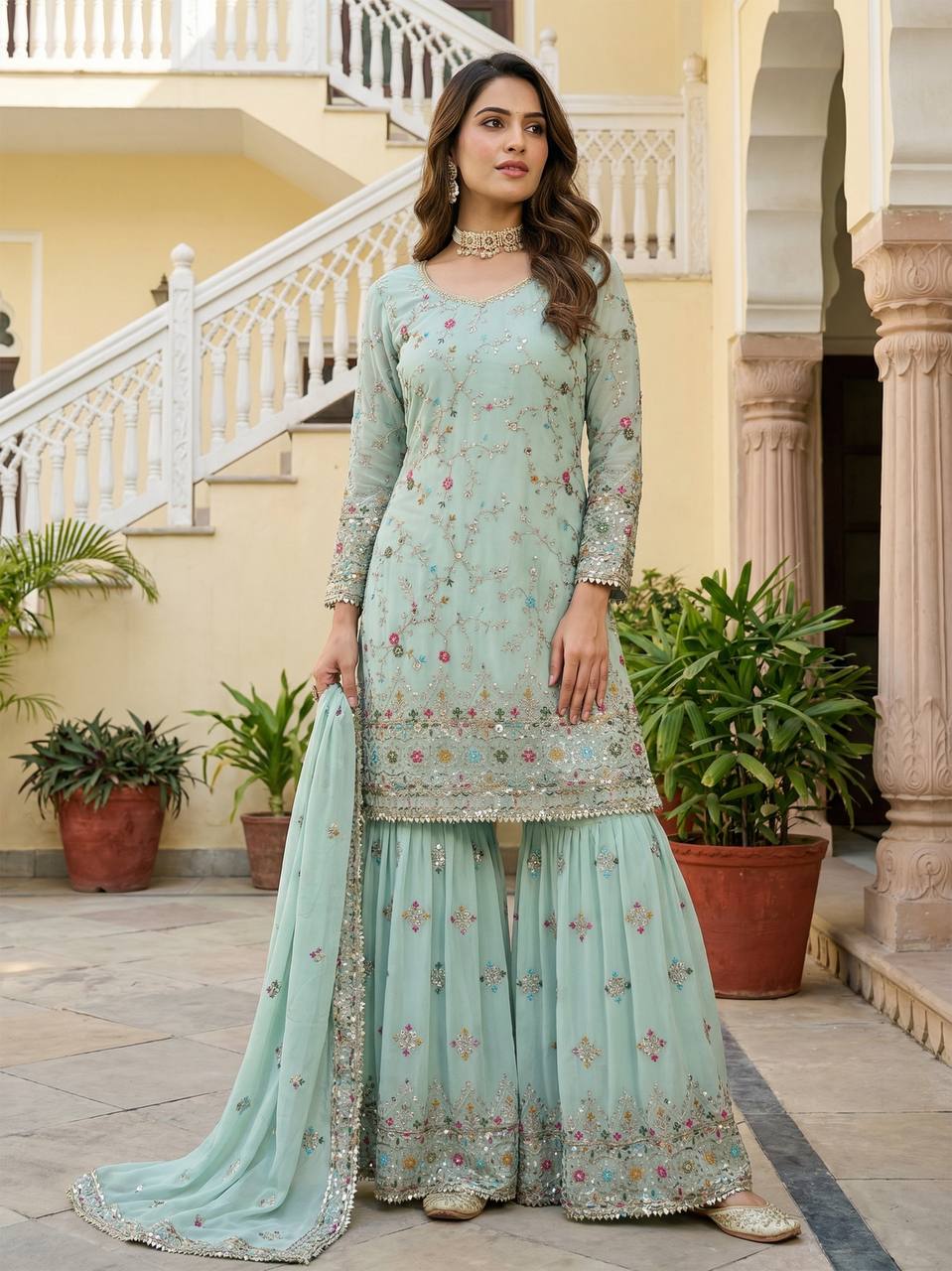 Lehenga Mart Stunning Sharara Set For Women-Mint Green