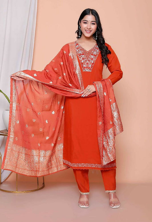 Miravan Womens Orange Embroidered Straight Kurta With Palazzo And Dupatta Set