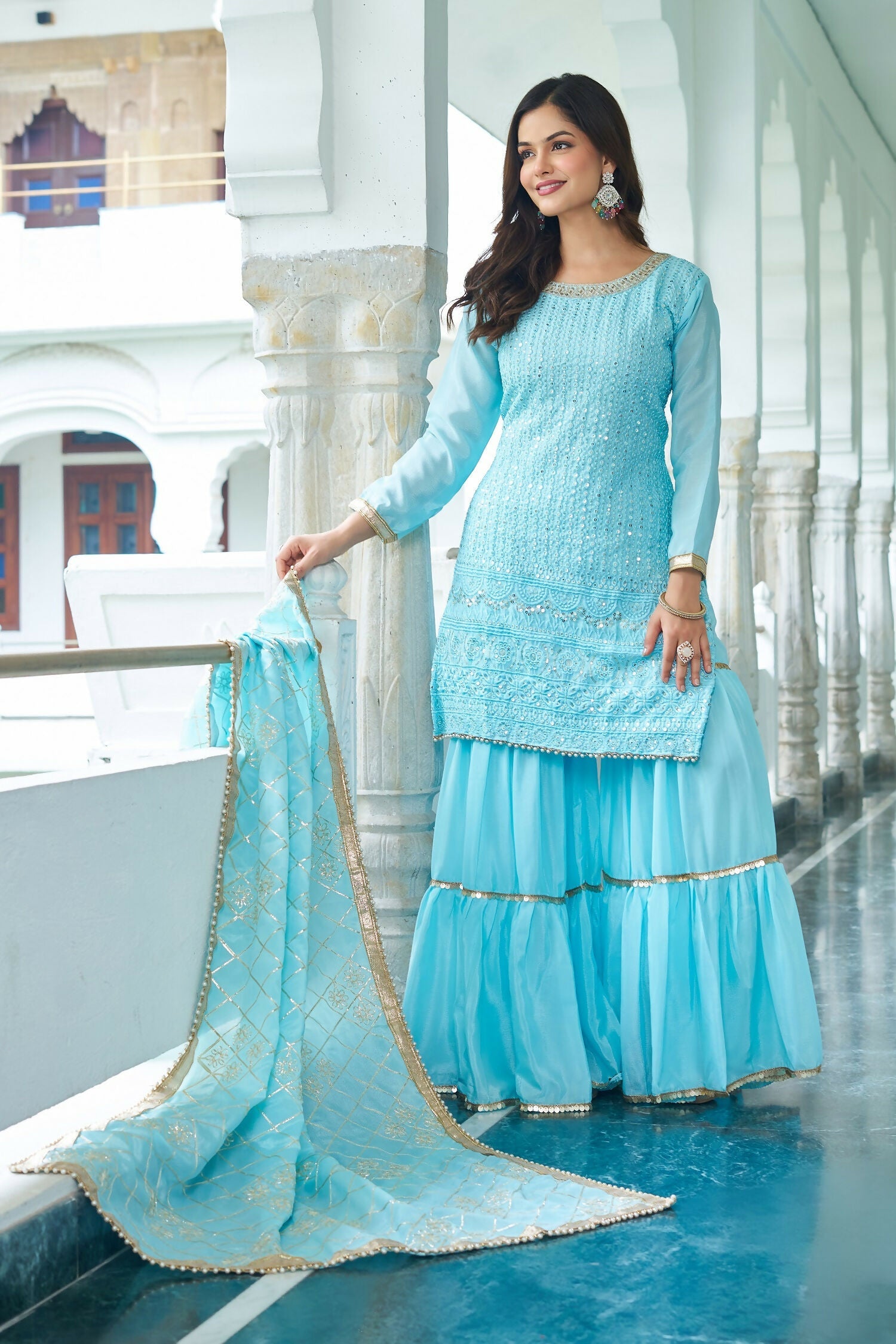 Joban Fashion Sky Blue Chinon Silk Embroidery Sequence Work Readymade Kurta Set