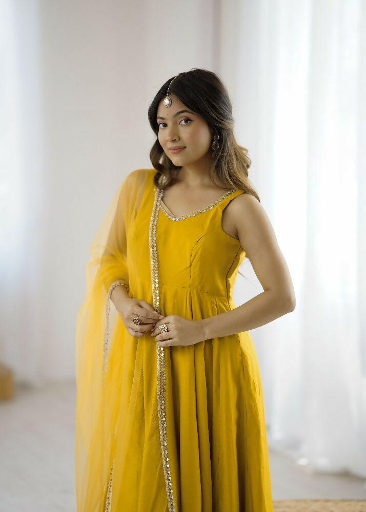 Joban Fashion Yellow Kurta Set Chanderi Sequence Embroidery Work 
