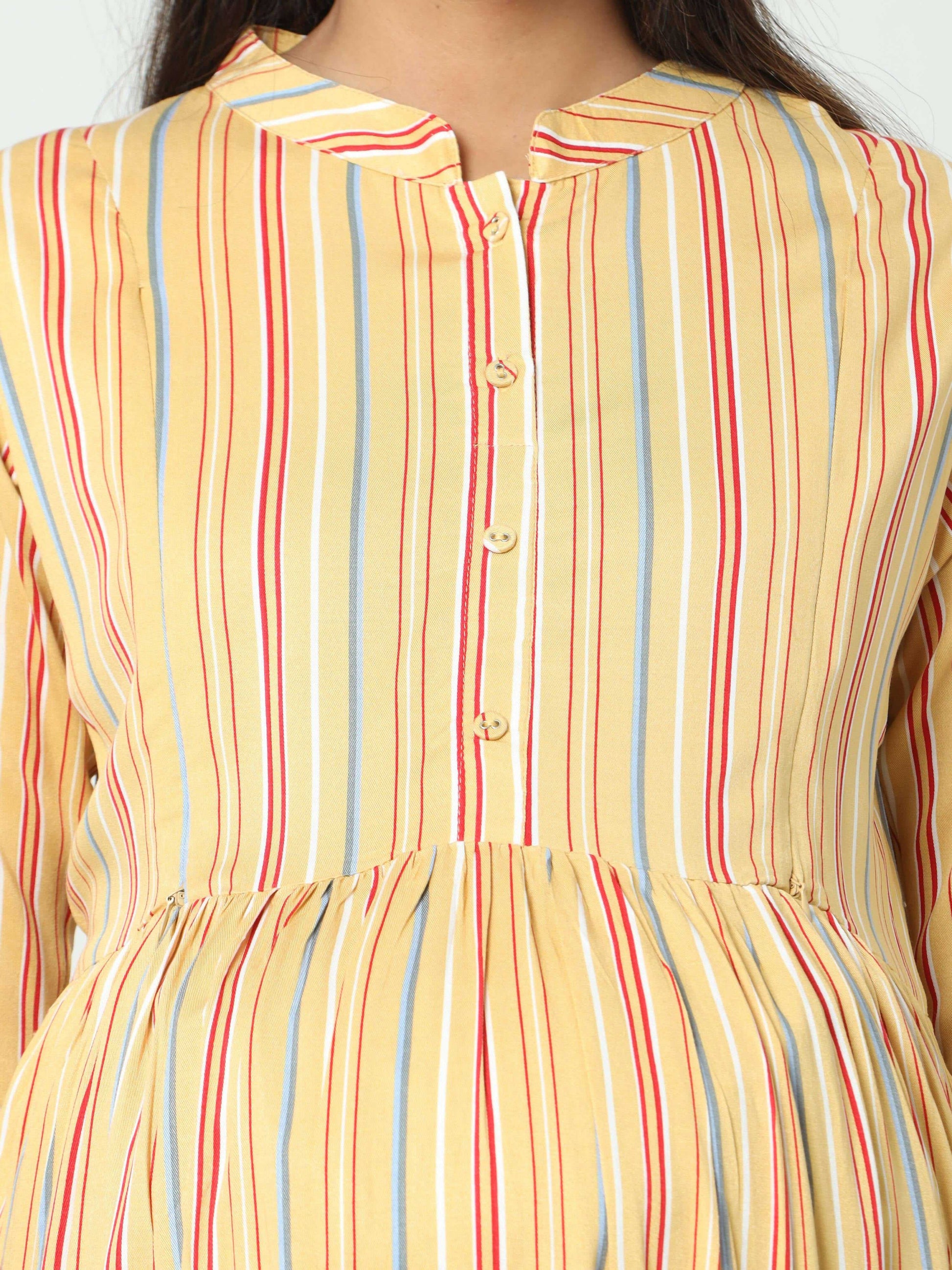 Manet Three Fourth Maternity Dress Striped With Concealed Zipper Nursing Access - Yellow