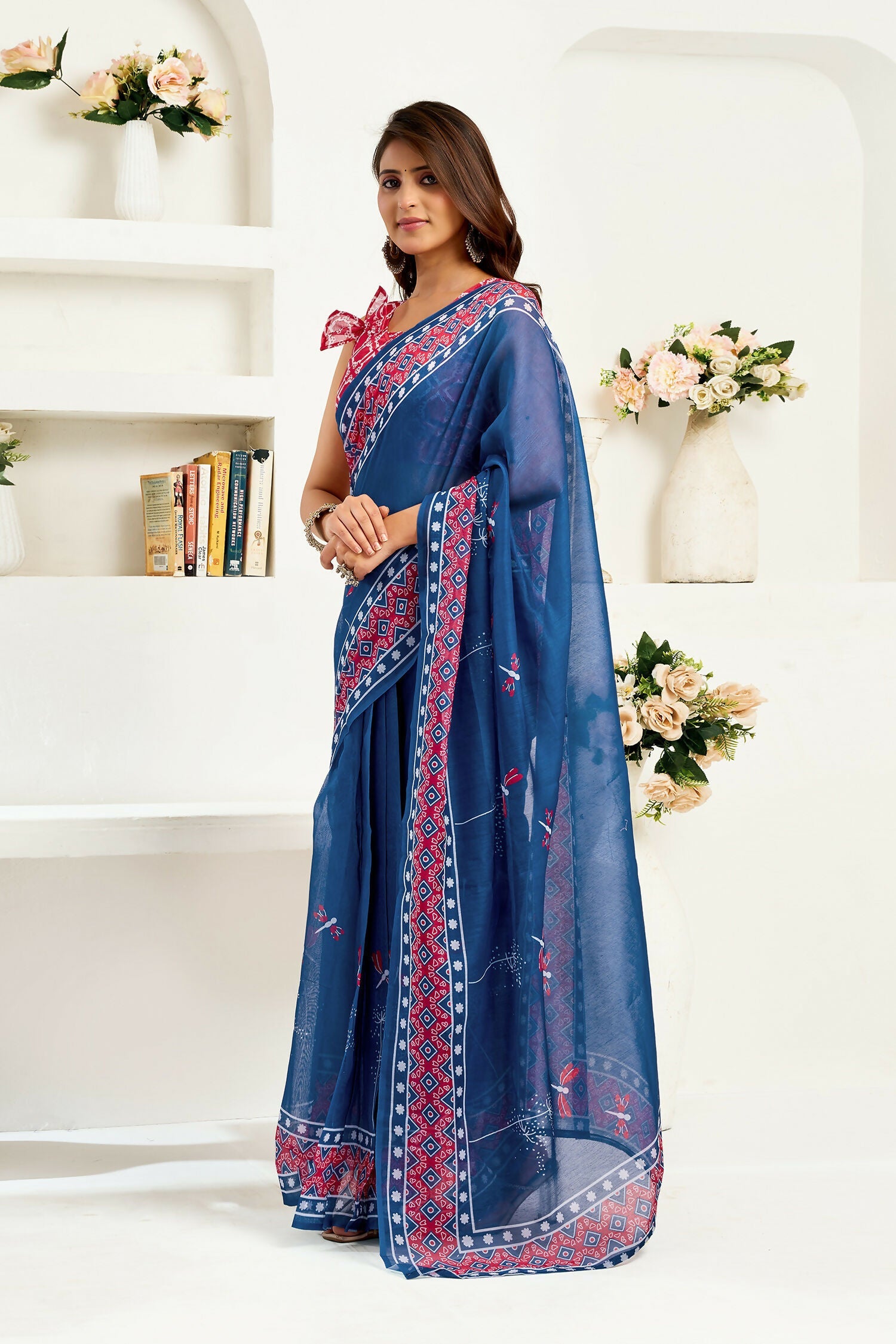 Joban Fashion Navy Blue Kalamkari & Ajrakh Linen Ready To Wear Saree With Unstitched Blouse