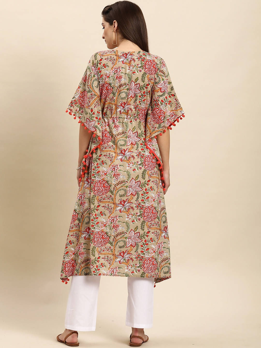 Janasya Women Women Beige & Pink Floral Printed Floral Kaftan Kurta