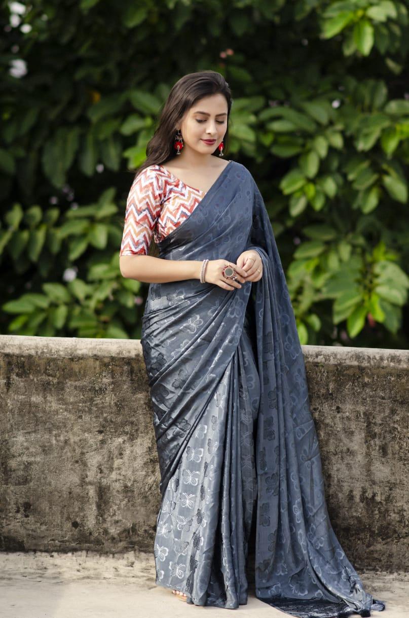 Grey Silk Blend Ethnic Motifs Saree with Unstitched Blouse - A2M