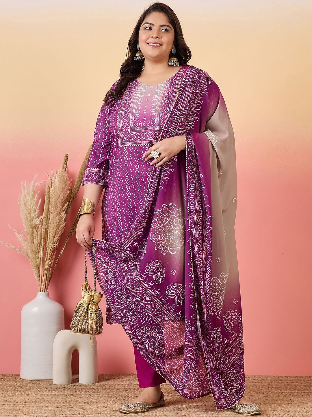 Sztori Women Bandhani Printed Regular Kurta with Trousers & With Dupatta