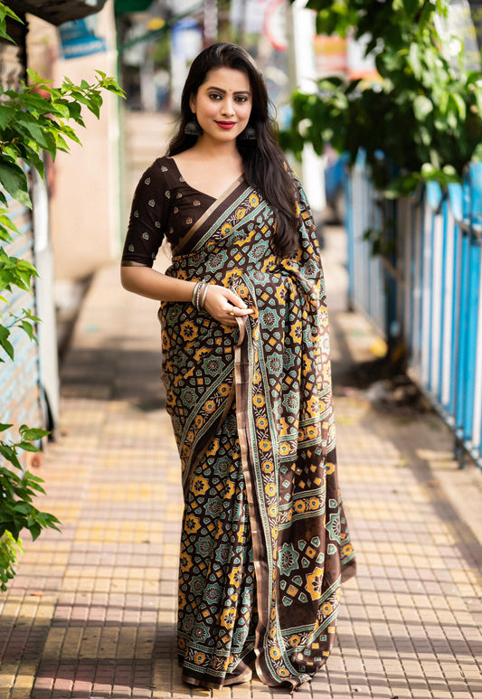 Coffee Cotton Blend Ajrak Saree with Unstitched Blouse - A2M