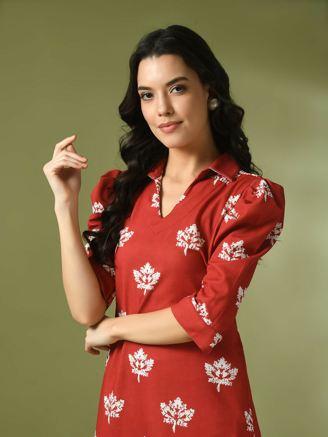 Myshka Women's Rust Printed Shirt Collar Fit and Flare Party Dress