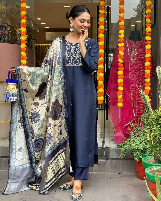 The52 Navy Blue Women's Beautiful Viscose Chanderi Fabric Embroidered Work Straight Kurta Pant and Dupatta Set | Grab2Buy