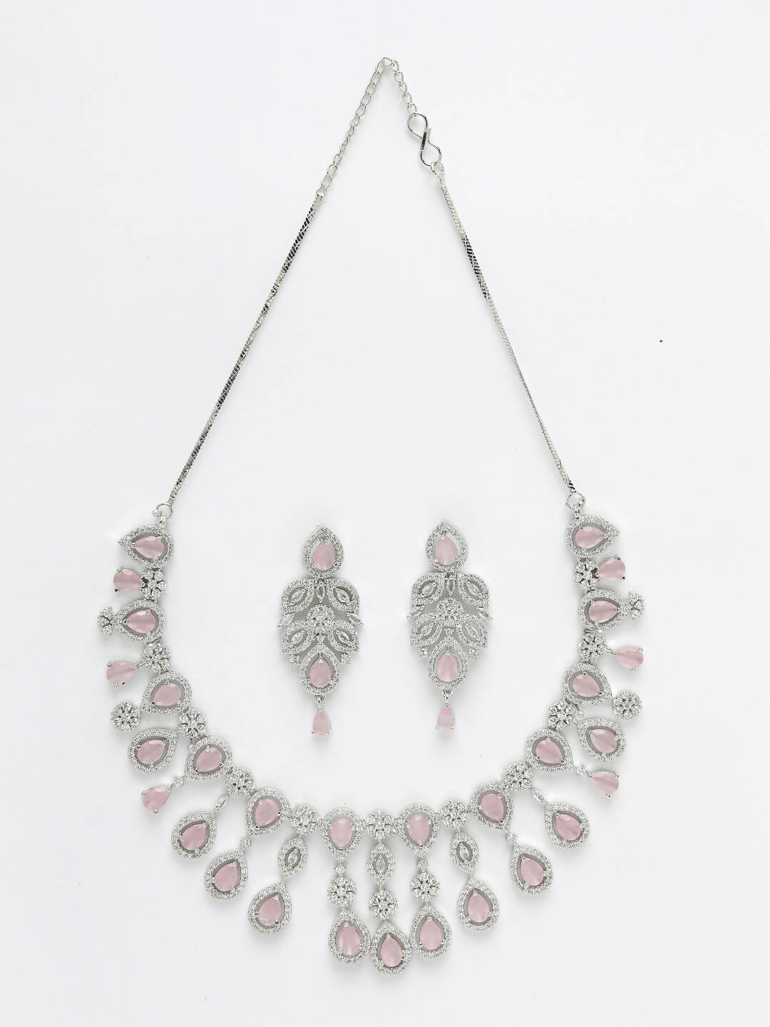 NVR Women Silver Plated & Pink Cz Stone Handcrafted Jewellery Set - Grab2buy