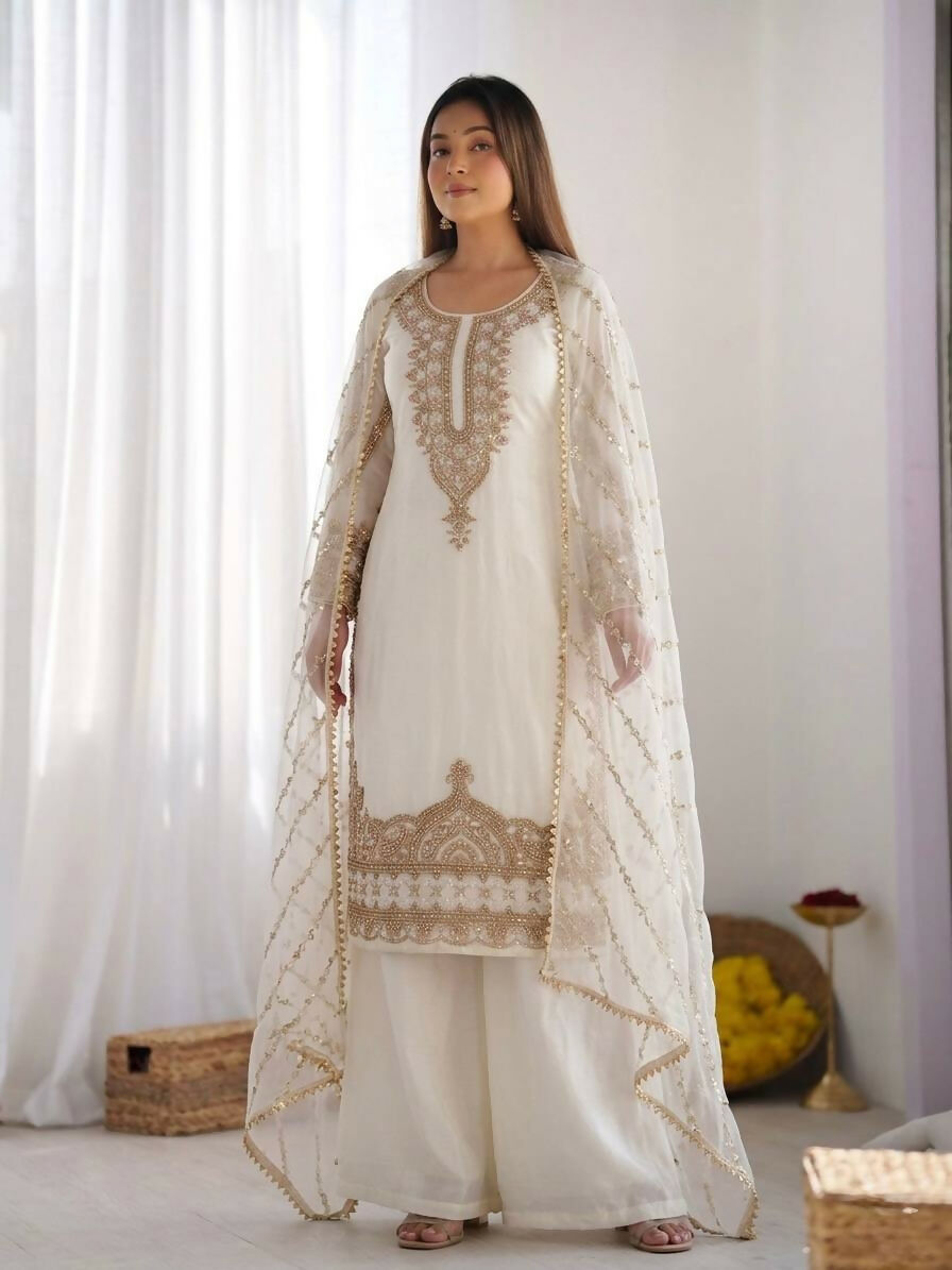 Teeya Creation Womens New Trendy Stylish Fancy Embroidery Beads Work Kurta Sharara Set For Wedding Wear - White
