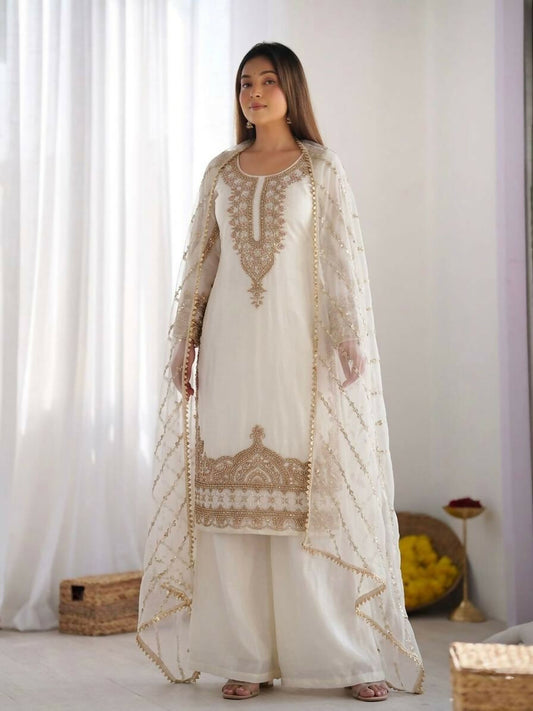 Teeya Creation Womens New Trendy Stylish Fancy Embroidery Beads Work Kurta Sharara Set For Wedding Wear - White
