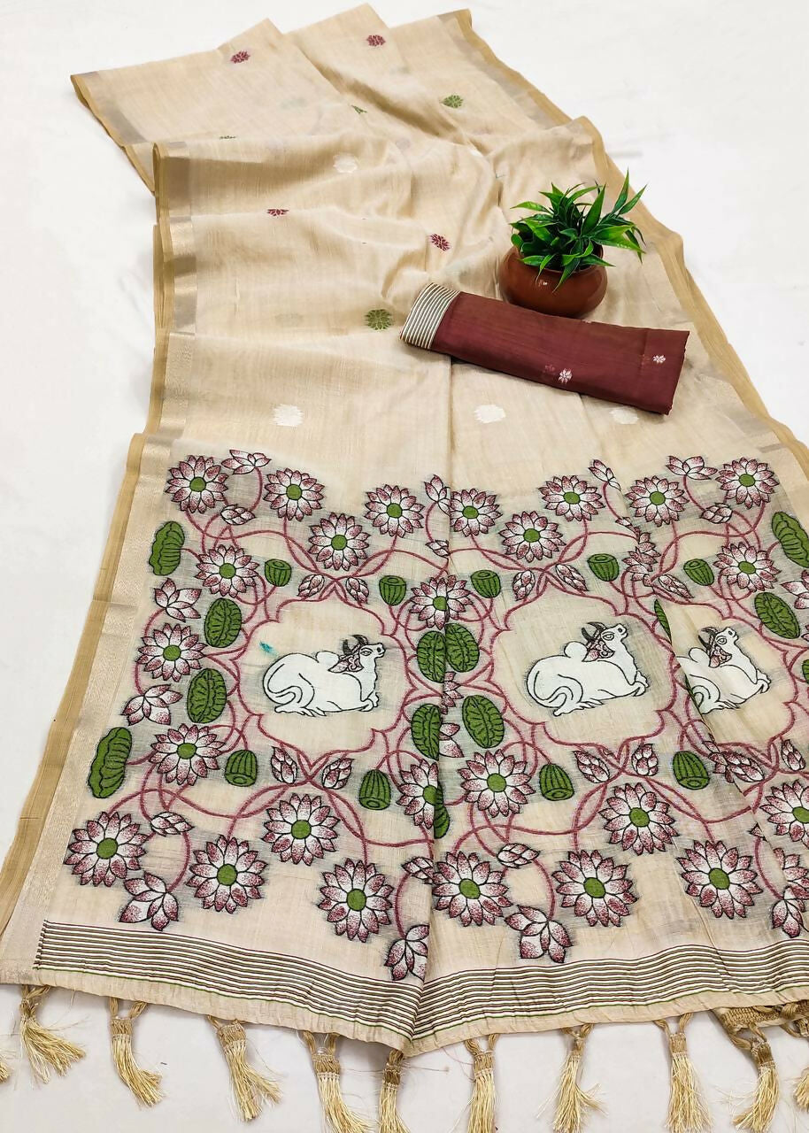 Vastranavya Cream Muga Cotton Meenakari & Azarakh Pallu Grab2Buy with Contrast Blouse  Grab2Buy Vastranavya Grab2Buy