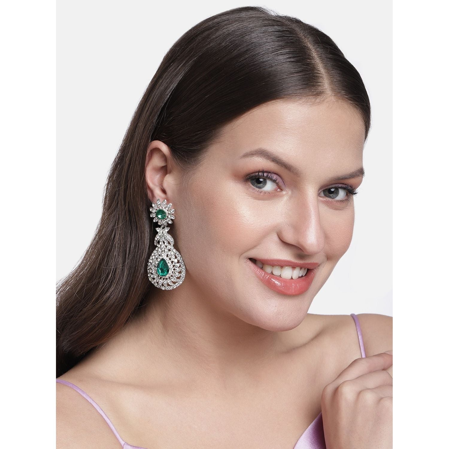 Rhodium Plated American Diamond Sparkling Dangle Earrings for Women - Wahe Jewels Noz2Toz