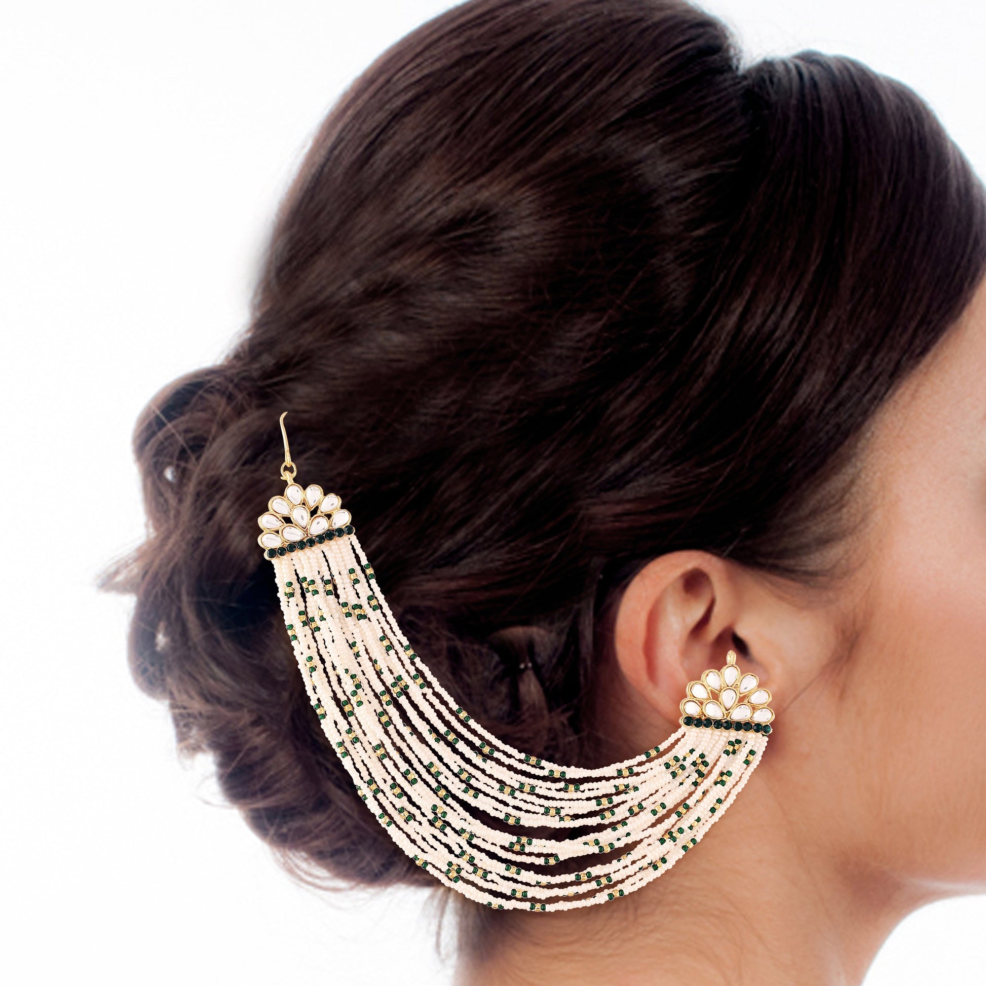 Gold-Polished Multi Strand Earring with Ear Chain Embellished With Pearl For Women/Girls - Wahe Jewels Noz2Toz