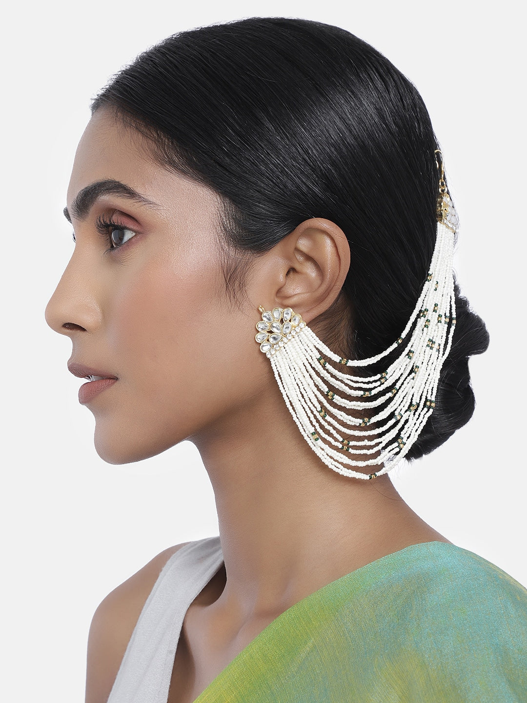 Gold-Polished Multi Strand Earring with Ear Chain Embellished With Pearl For Women/Girls - Wahe Jewels Noz2Toz