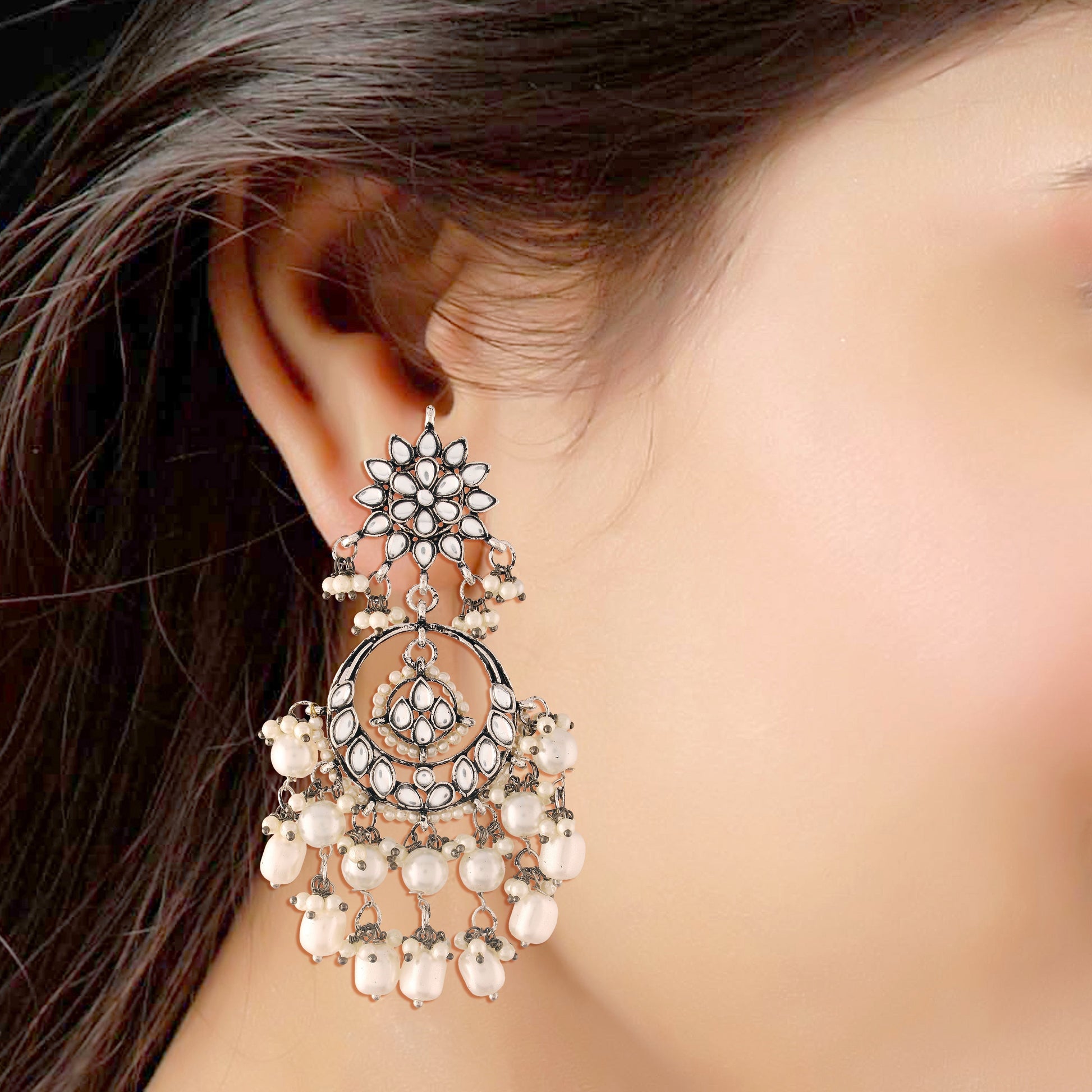 Gold-Polished Silver Oxidised Traditional Handcrafted Pearl Kundan Beaded Chandbali Earrings for Women/Girls - Wahe Jewels Noz2Toz